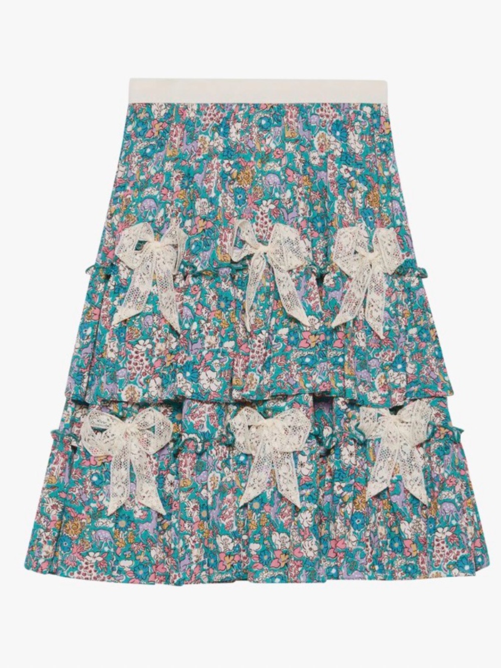 Gucci Teal Floral Tiered A-Line Skirt with Cream Lace Bows - Xs - kids 12
